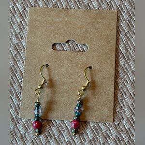 Elegant Gold, Blue, Pink & Red Beaded Earrings